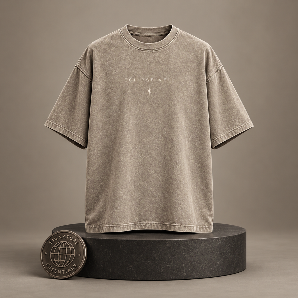 Eclipse Veil beige T-shirt front on round Signature Essentials pedestal