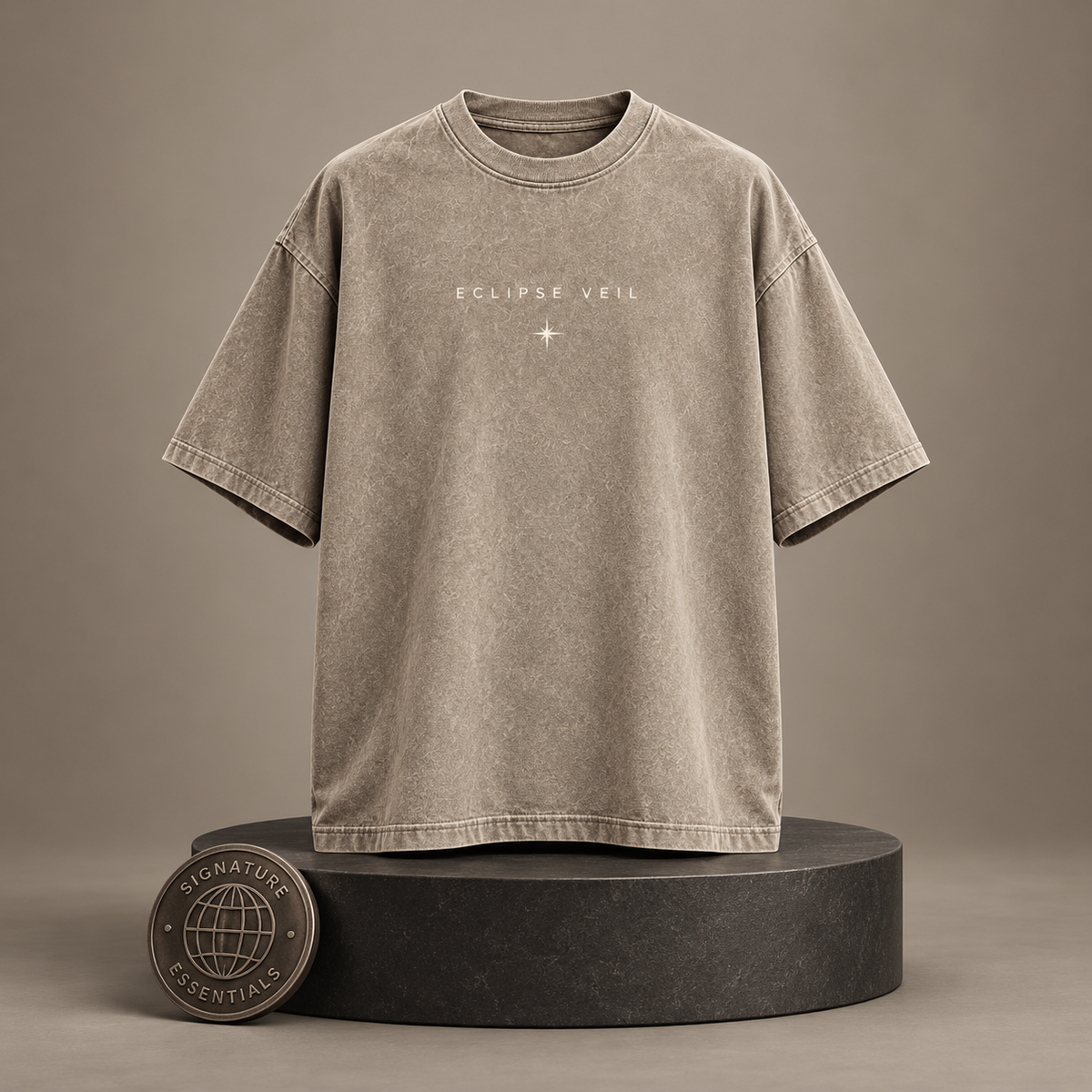 Eclipse Veil beige T-shirt front on round Signature Essentials pedestal