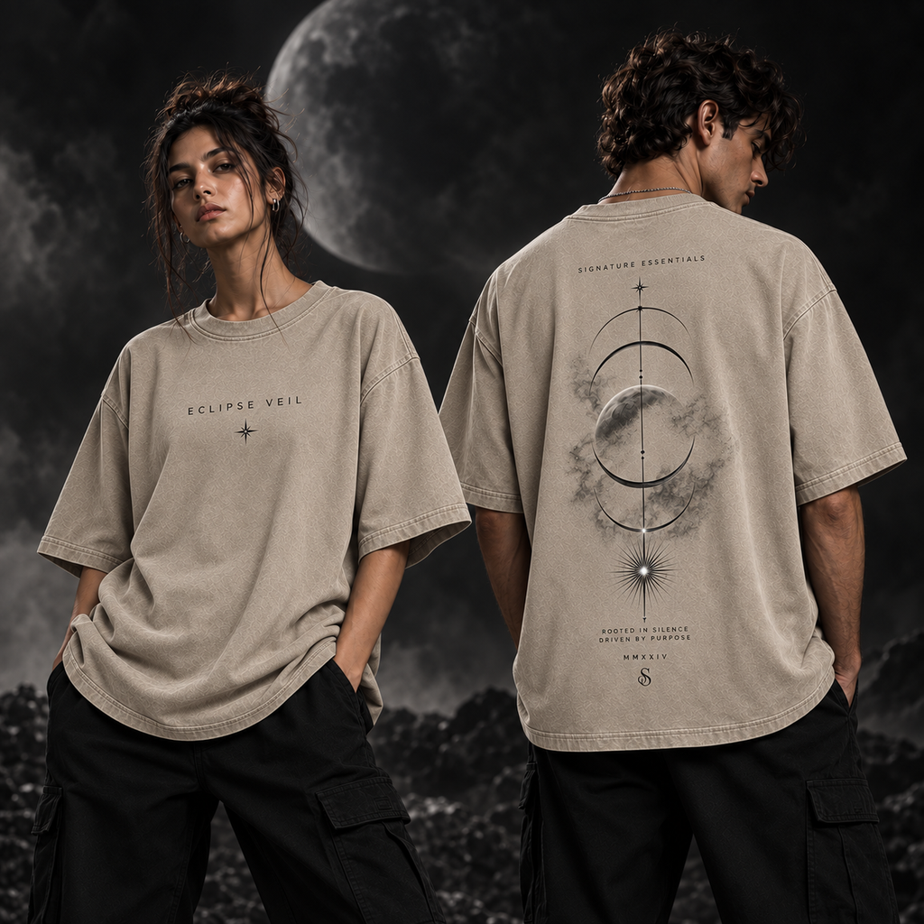 Eclipse Veil beige T-shirt on models, front and back