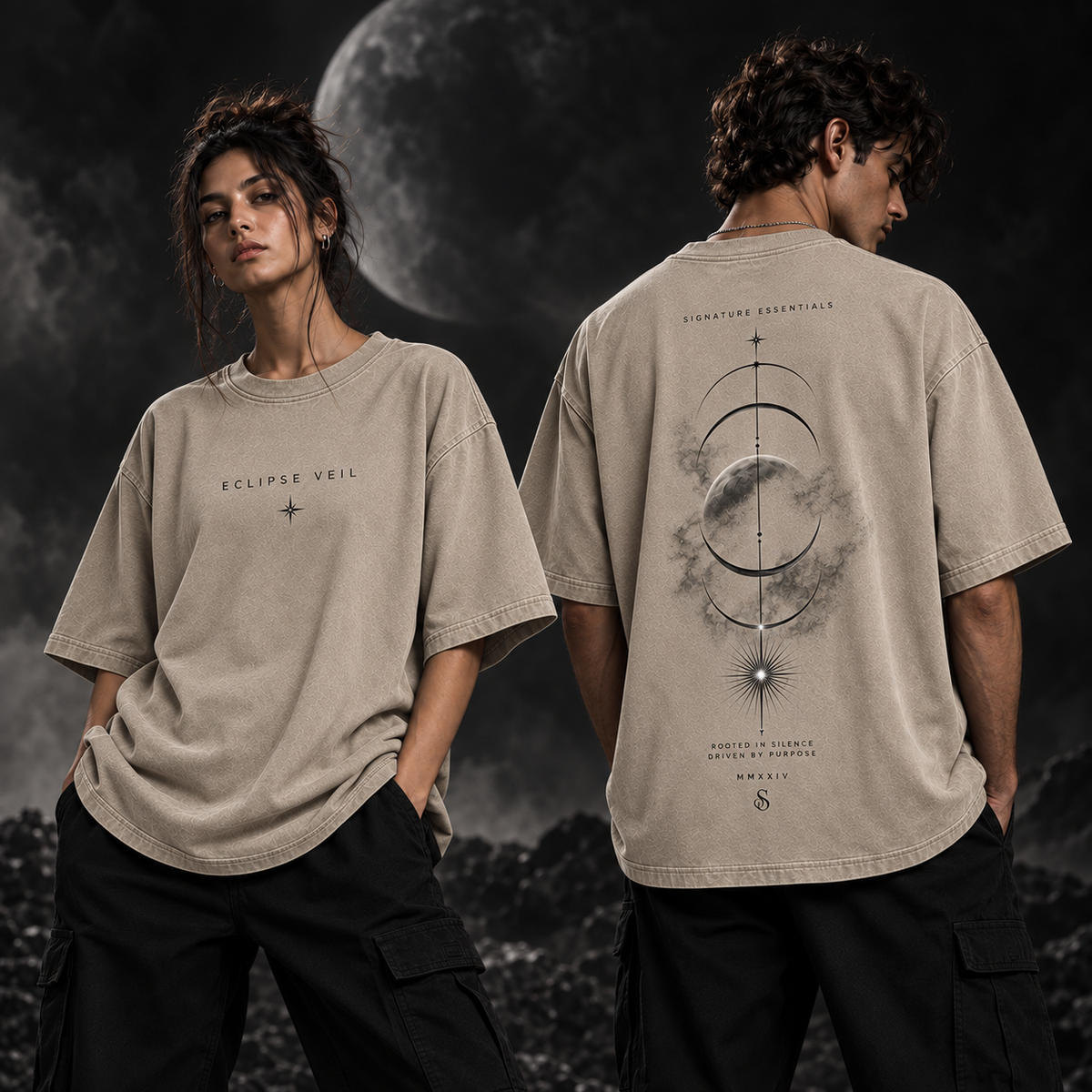 Eclipse Veil beige T-shirt on models, front and back