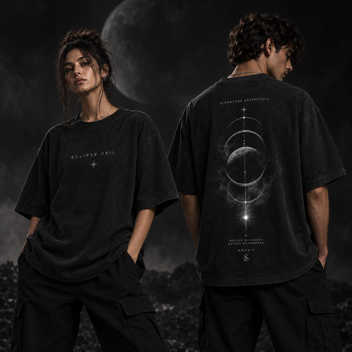 Eclipse Veil front and back shown on models in moonlit editorial scene