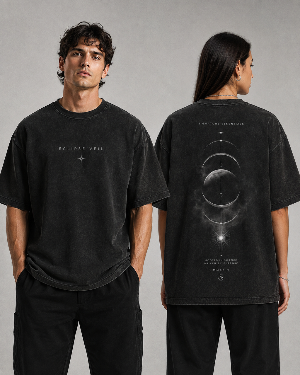 Eclipse Veil Signature Essentials oversized black T-shirt on models