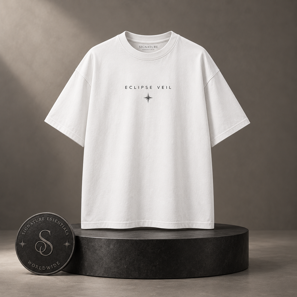 Eclipse Veil white T-shirt front on round Signature Essentials pedestal