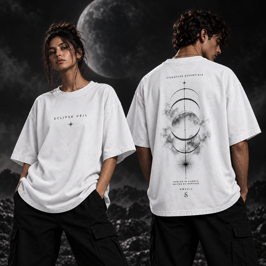 Eclipse Veil white T-shirt on models, front and back