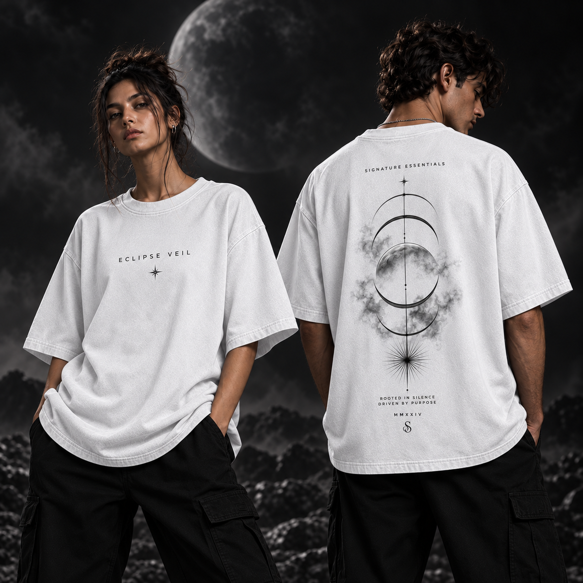Eclipse Veil white T-shirt on models, front and back