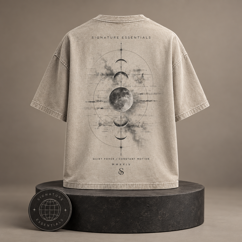 Lunar Static beige T-shirt back on round Signature Essentials pedestal