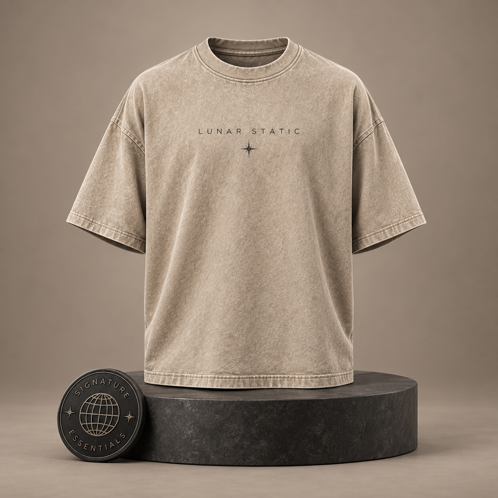 Lunar Static beige T-shirt front on round Signature Essentials pedestal