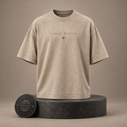 Lunar Static beige T-shirt front on round Signature Essentials pedestal