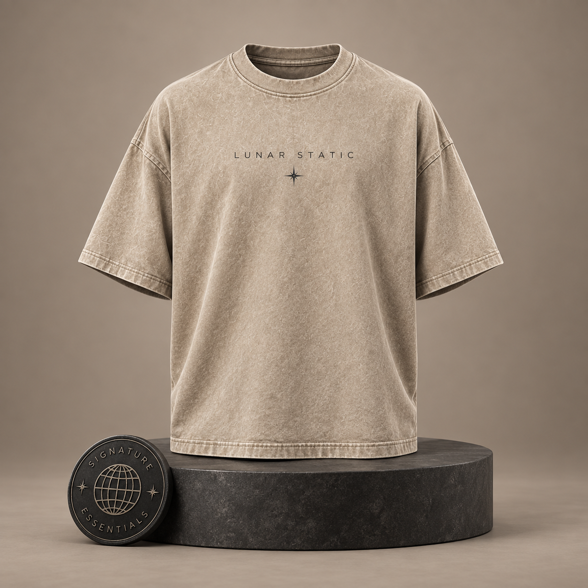 Lunar Static beige T-shirt front on round Signature Essentials pedestal