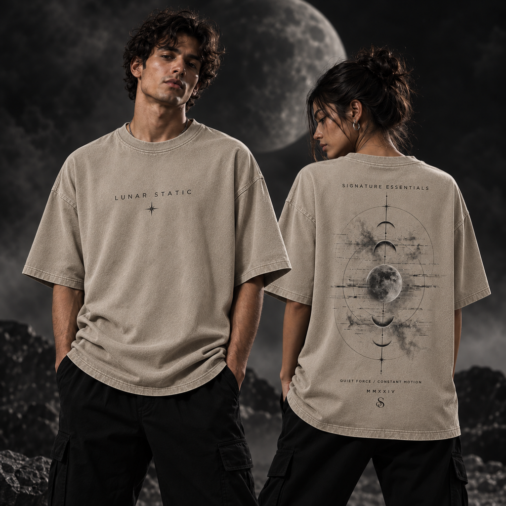 Lunar Static beige T-shirt on models, front and back