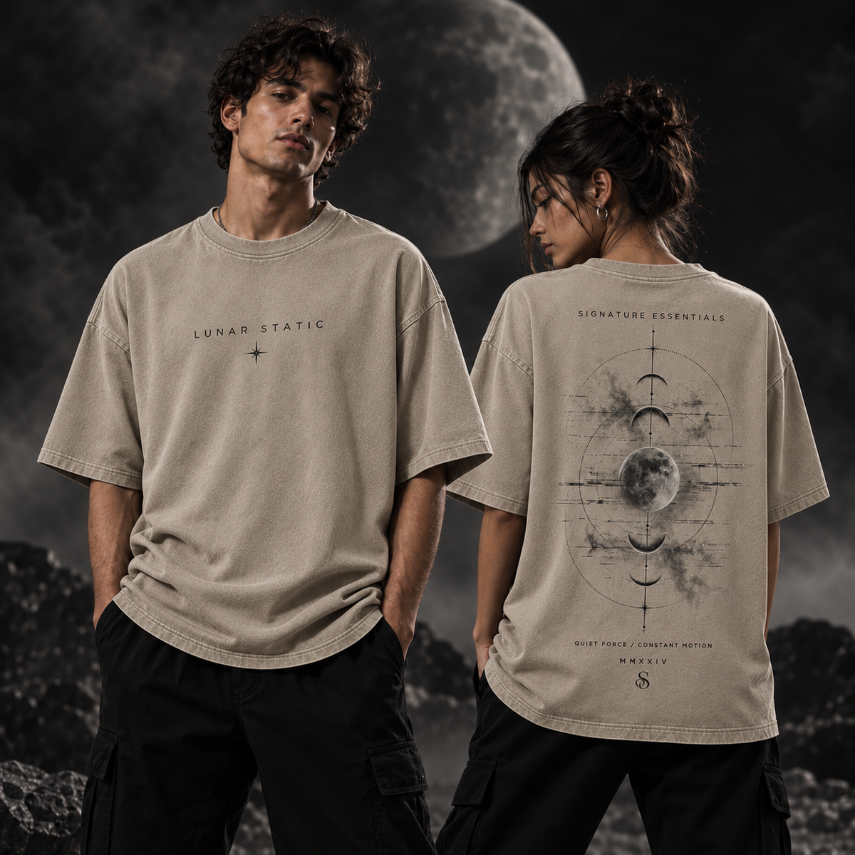 Lunar Static beige T-shirt on models, front and back