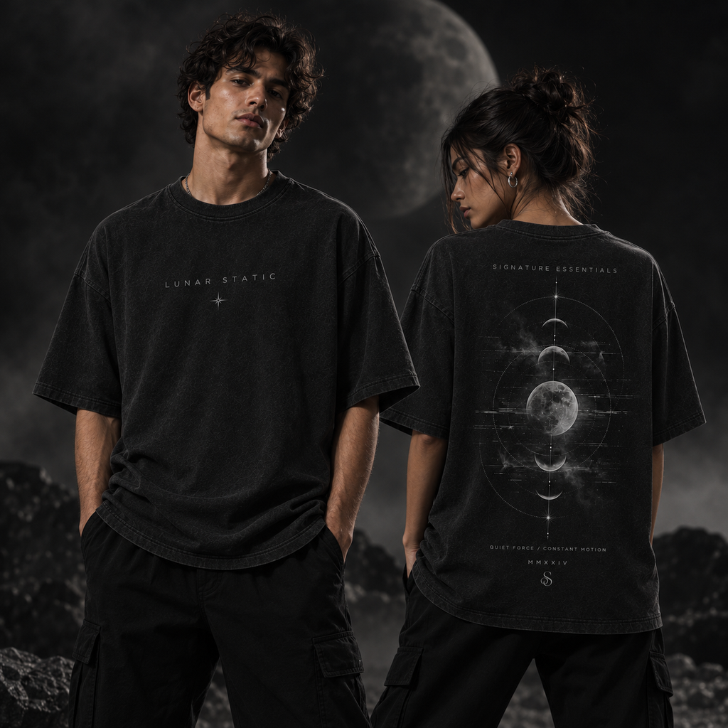 Lunar Static front and back shown on models in moonlit editorial scene