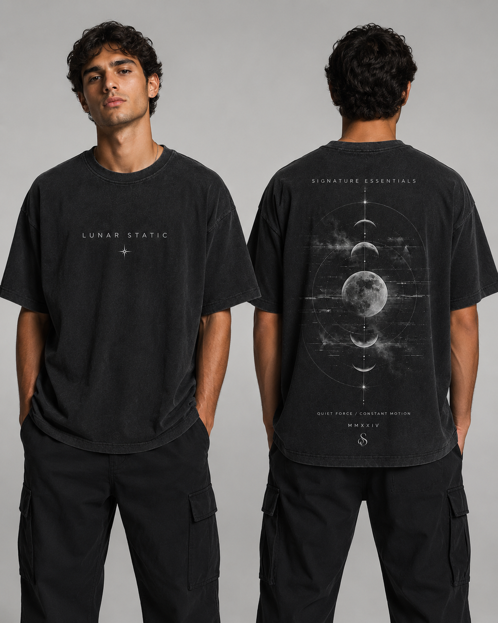 Lunar Static Signature Essentials oversized black T-shirt on models