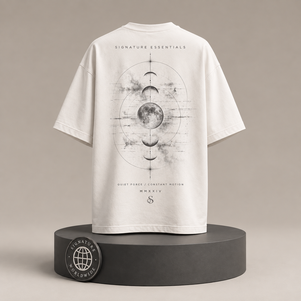 Lunar Static white T-shirt back on round Signature Essentials pedestal