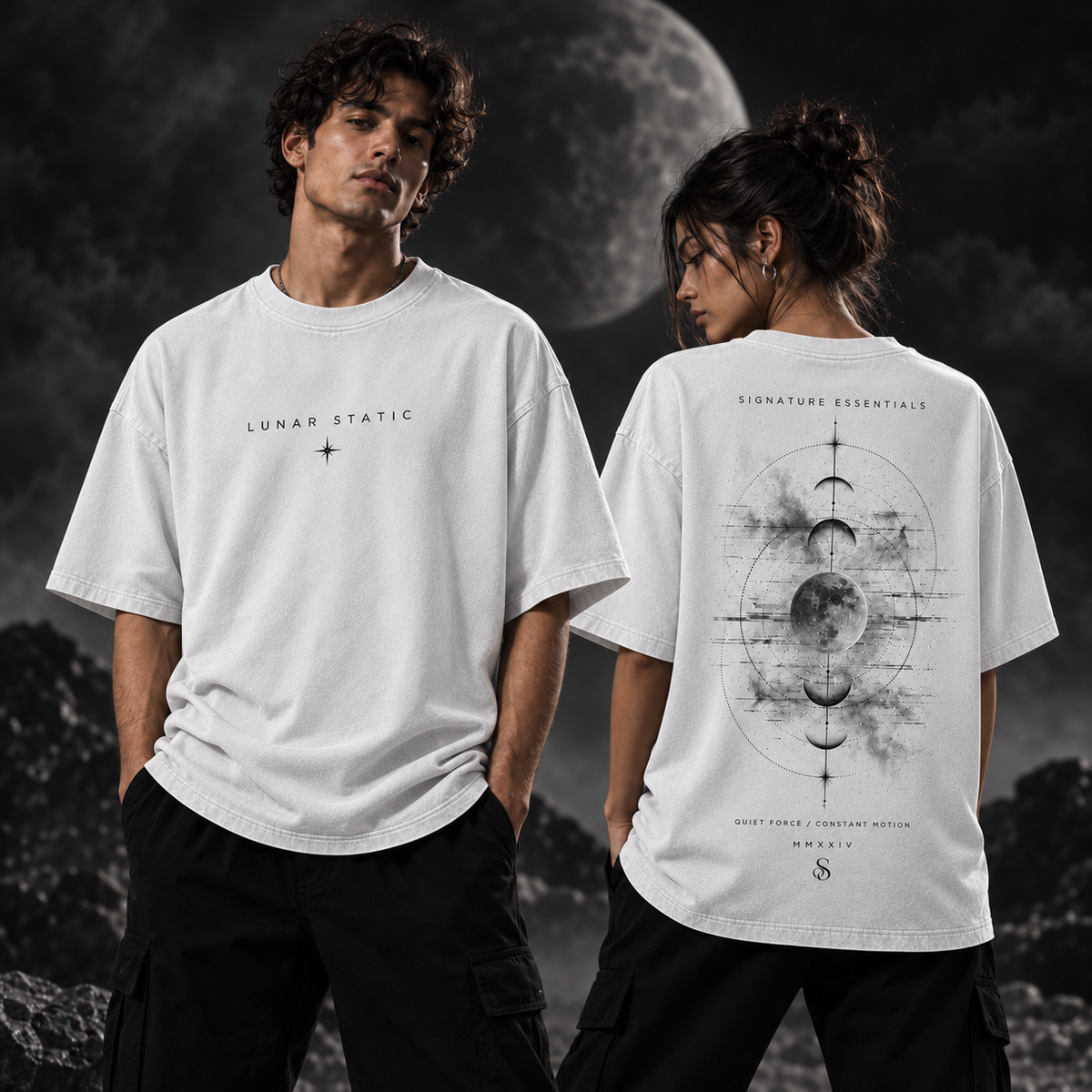 Lunar Static white T-shirt on models, front and back