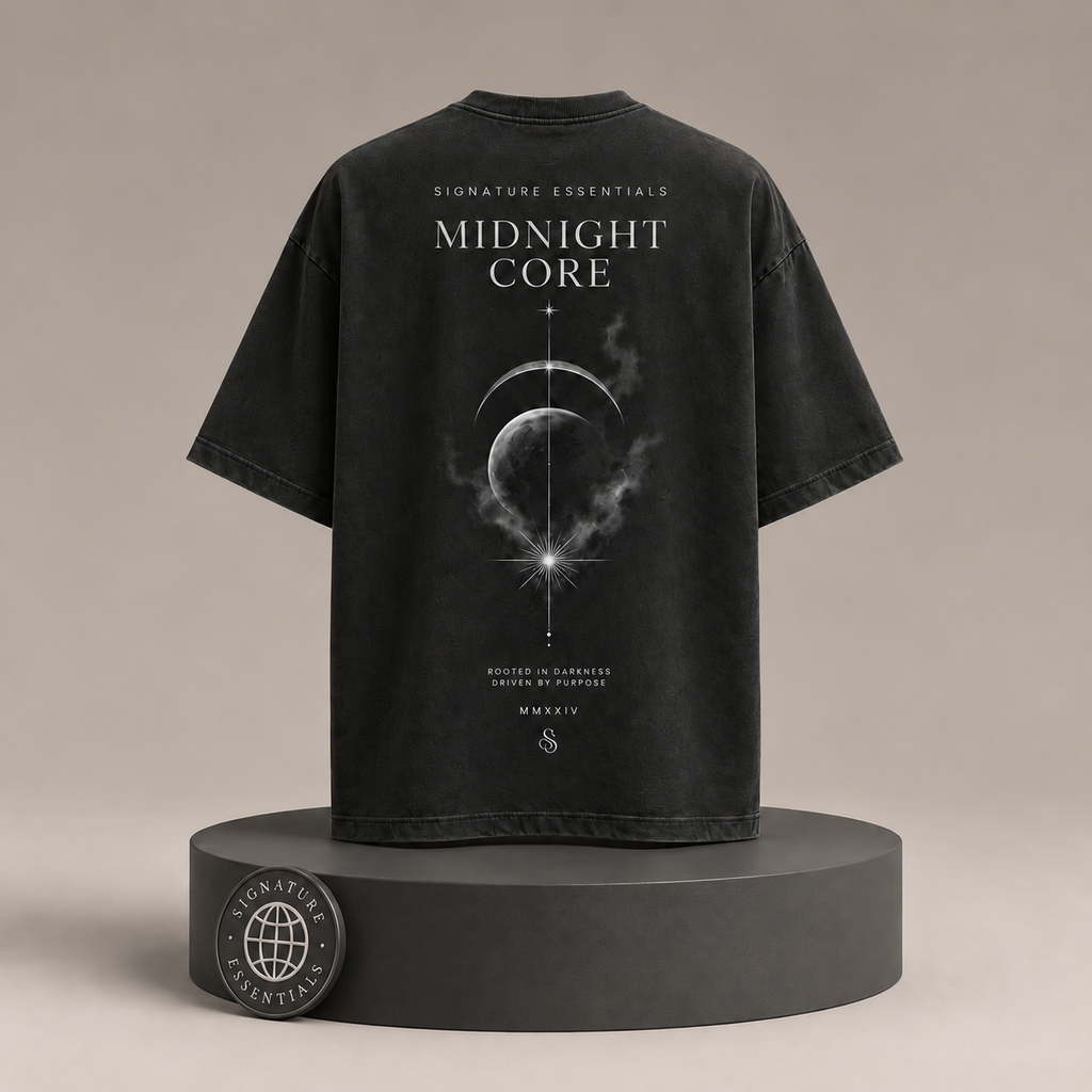 Midnight Core back view on round Signature Essentials pedestal with medallion