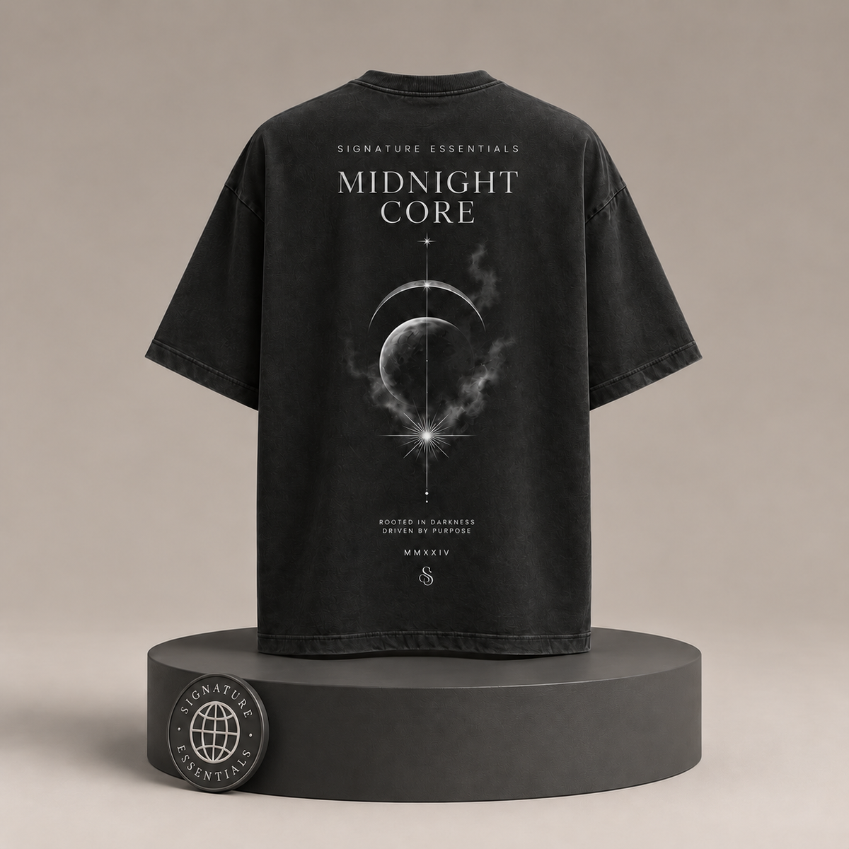 Midnight Core back view on round Signature Essentials pedestal with medallion