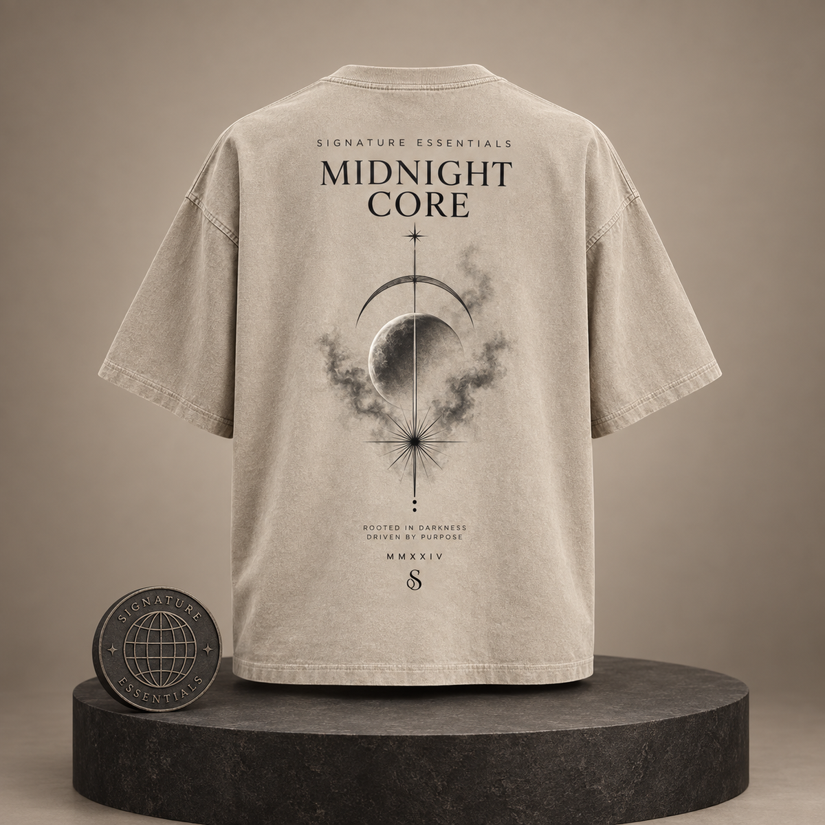 Midnight Core beige T-shirt back on round Signature Essentials pedestal