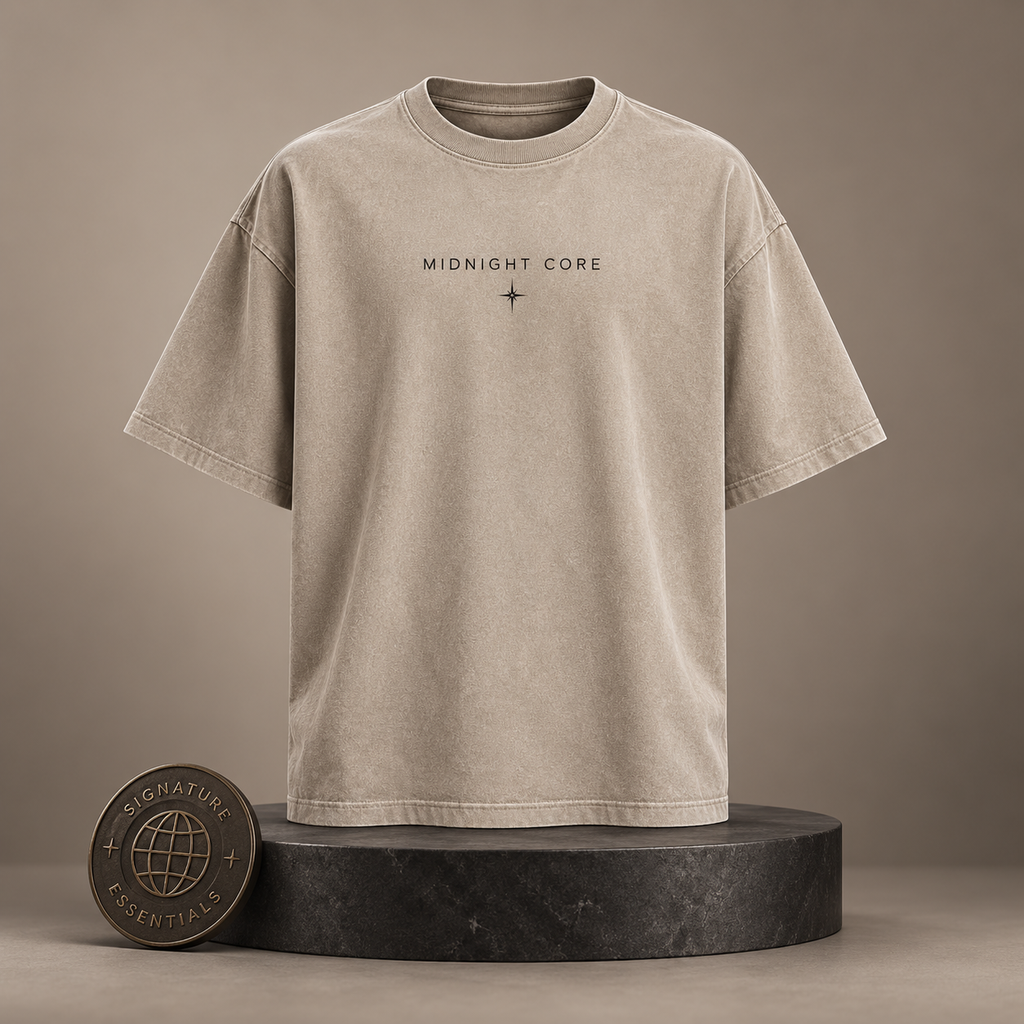 Midnight Core beige T-shirt front on round Signature Essentials pedestal