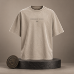 Midnight Core beige T-shirt front on round Signature Essentials pedestal