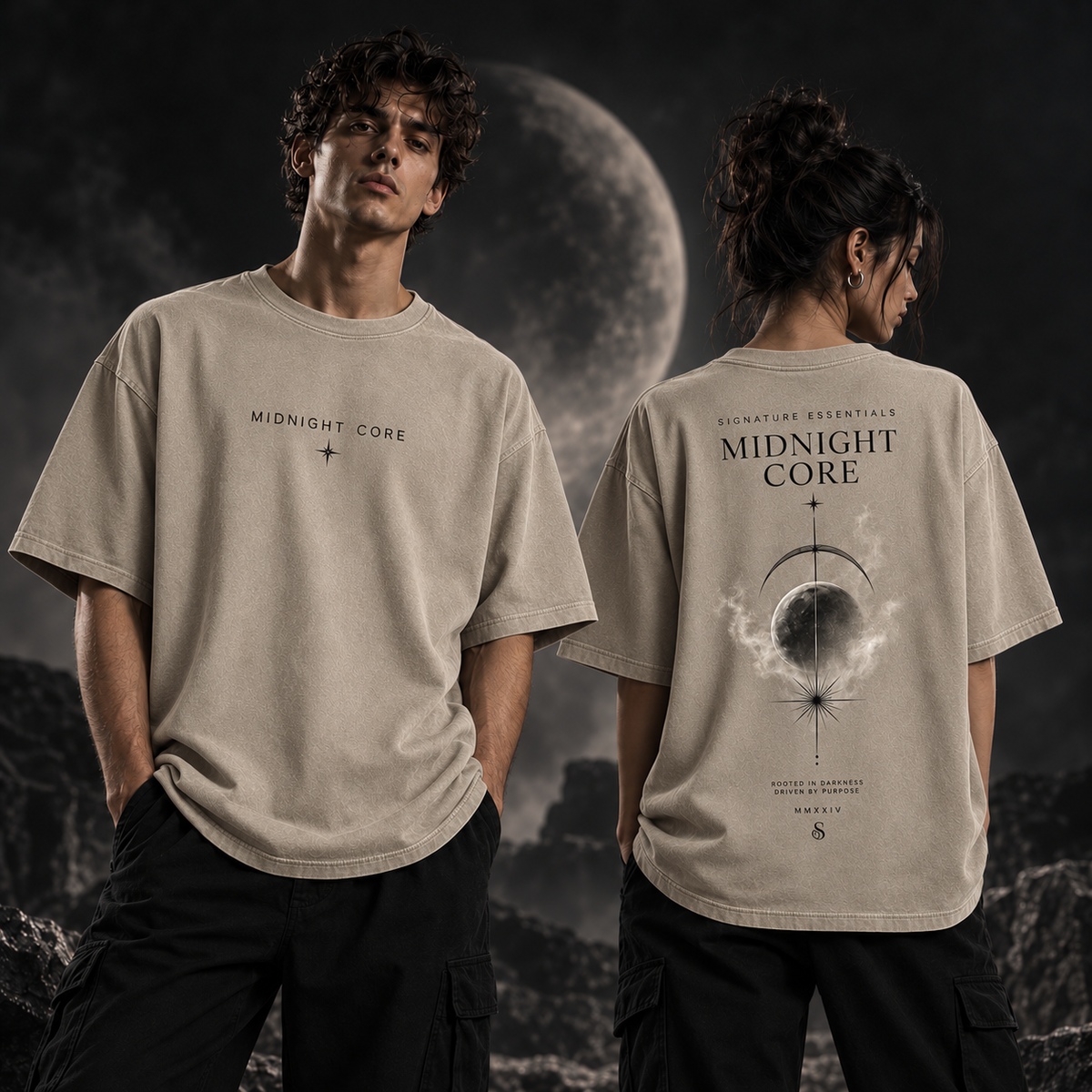Midnight Core beige T-shirt on models, front and back