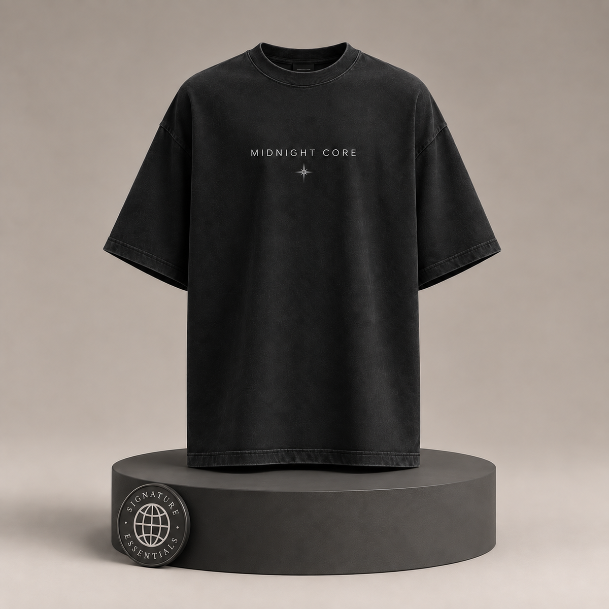Midnight Core front view on round Signature Essentials pedestal with medallion