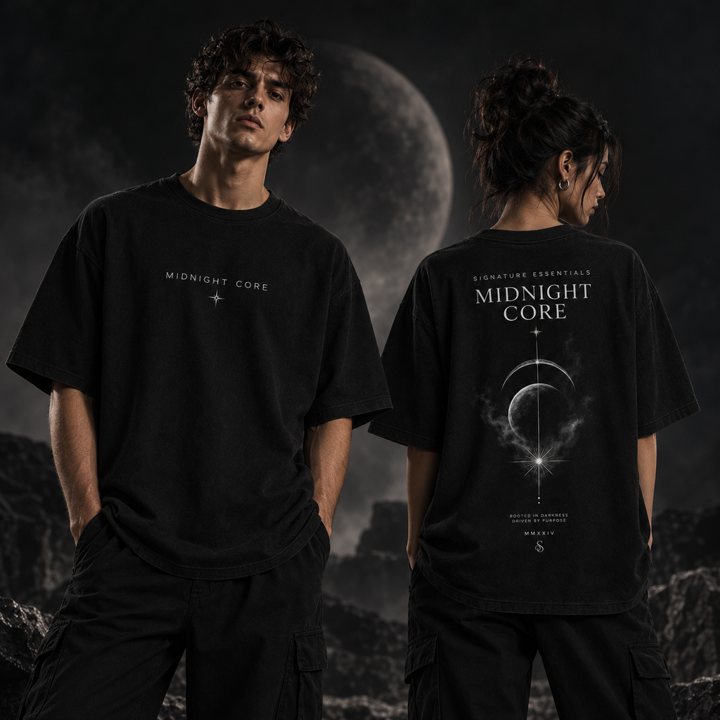 Midnight Core front and back shown on models in moonlit editorial scene