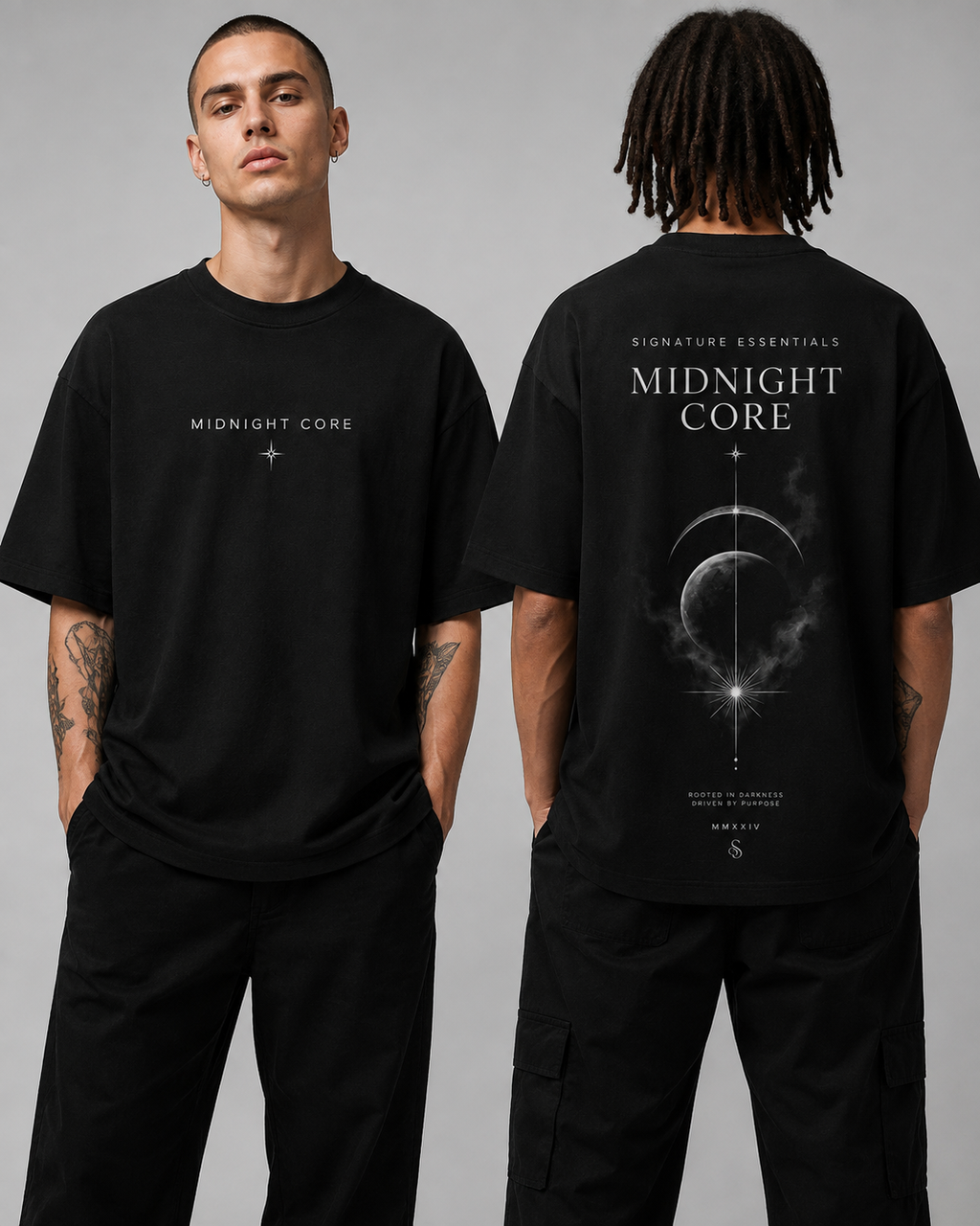 Midnight Core Signature Essentials oversized black T-shirt on models