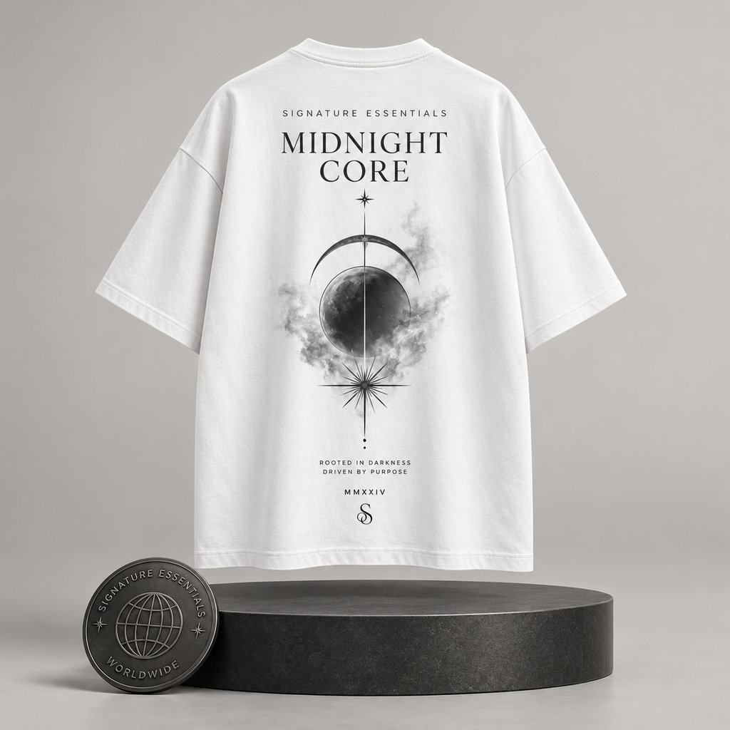 Midnight Core white T-shirt back on round Signature Essentials pedestal