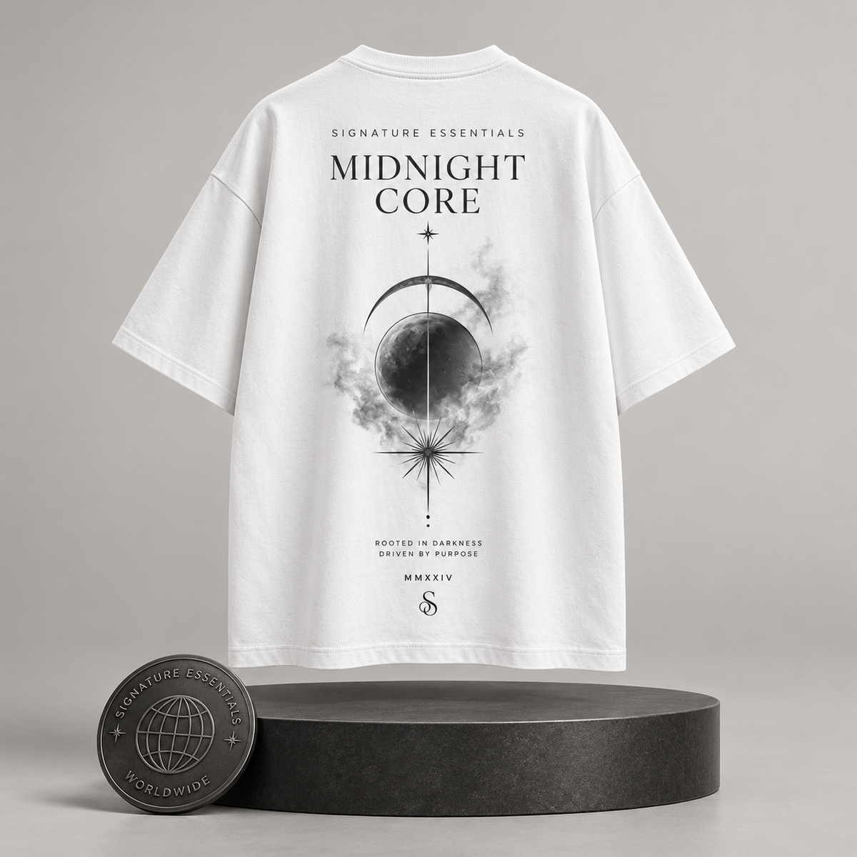 Midnight Core white T-shirt back on round Signature Essentials pedestal