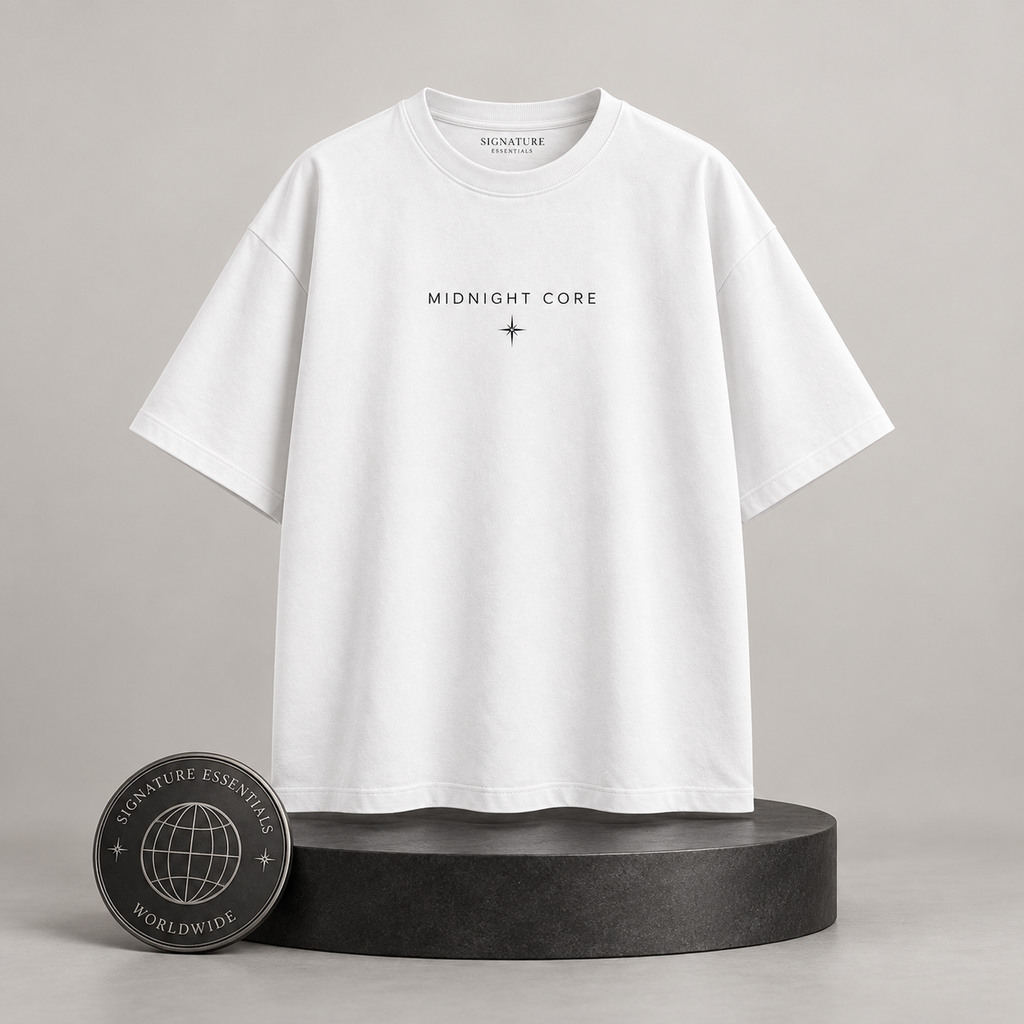 Midnight Core white T-shirt front on round Signature Essentials pedestal