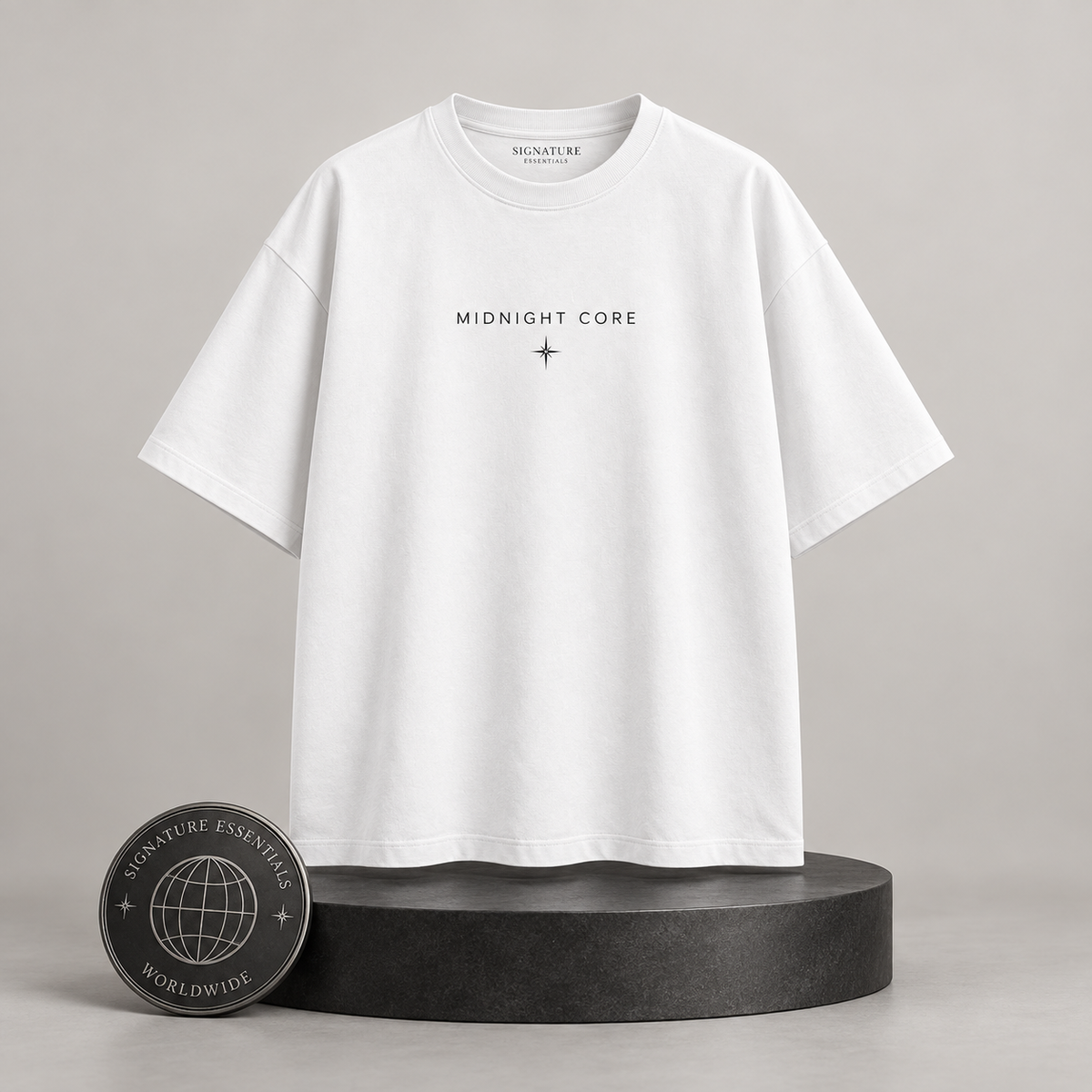 Midnight Core white T-shirt front on round Signature Essentials pedestal