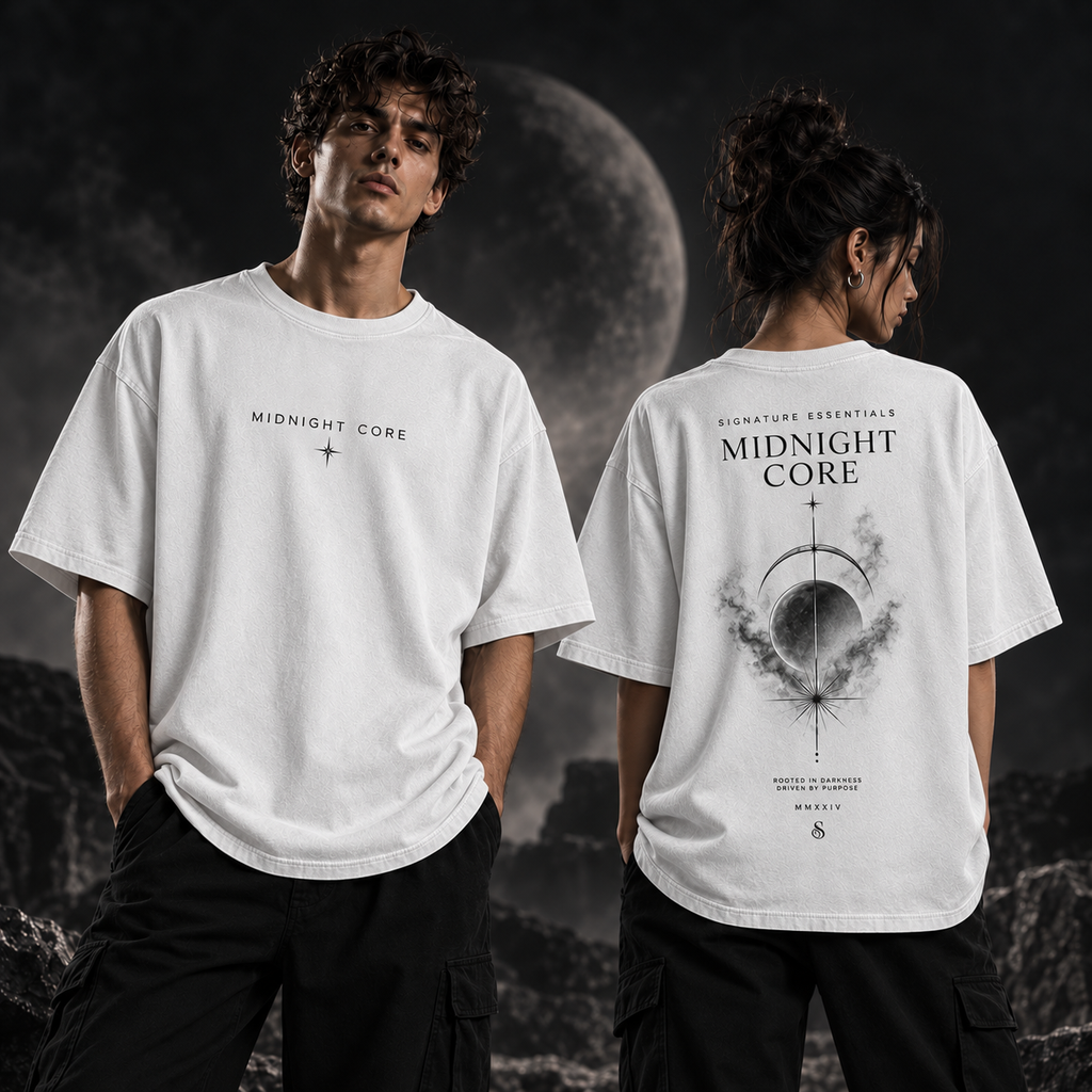 Midnight Core white T-shirt on models, front and back