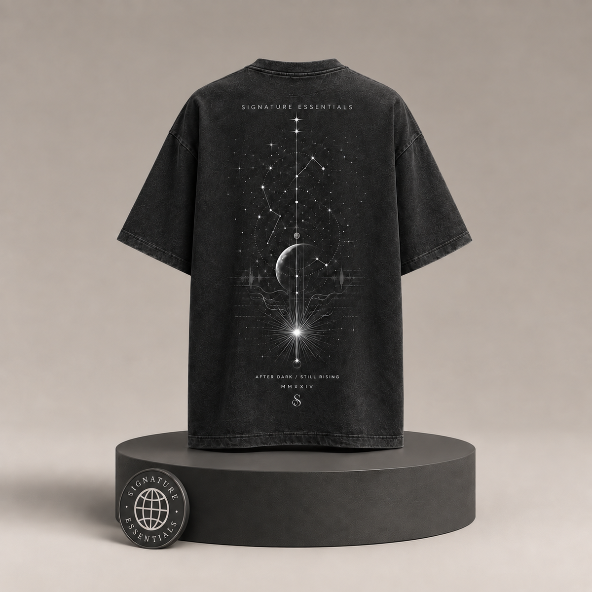 Nocturne Signal back view on round Signature Essentials pedestal with medallion