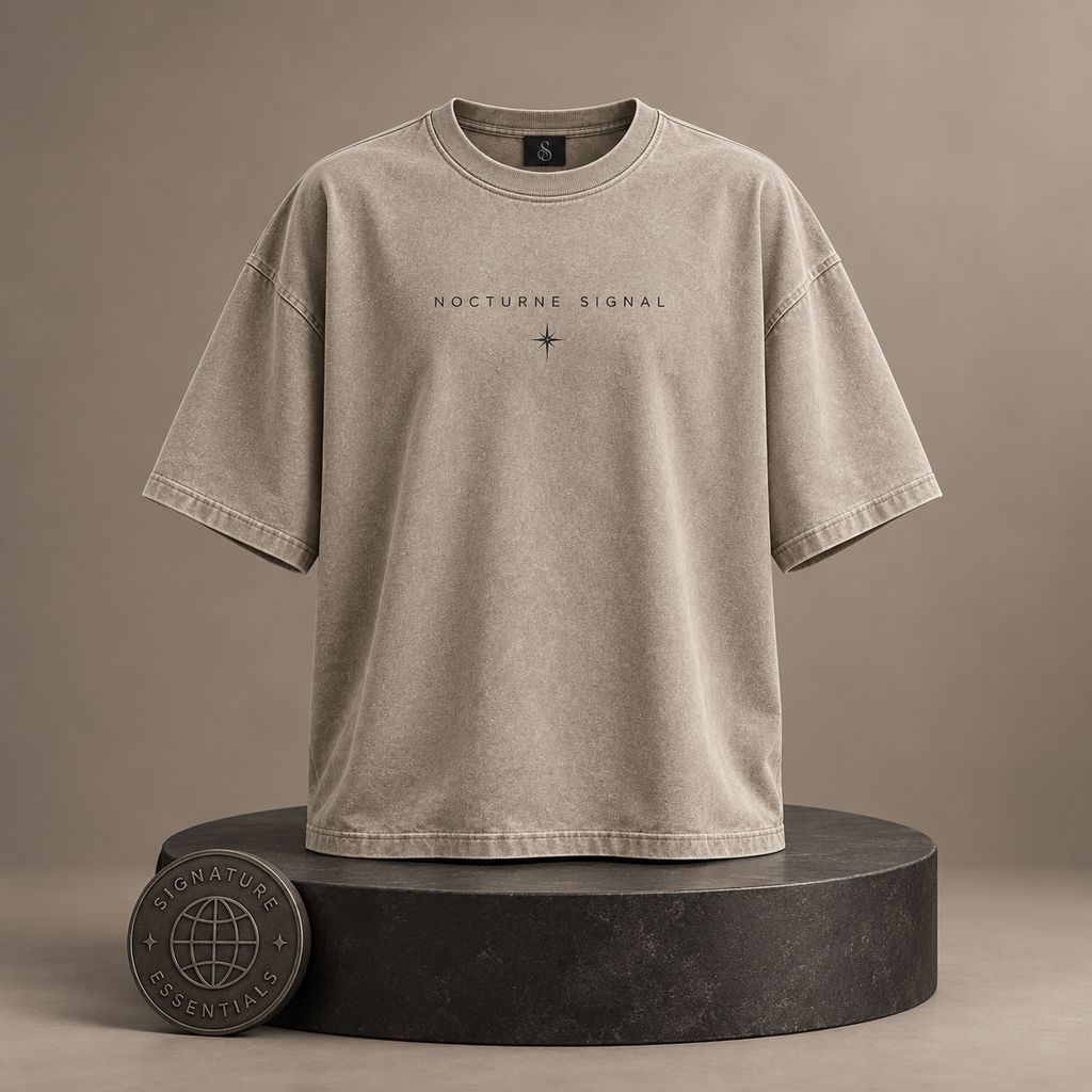 Nocturne Signal beige T-shirt front on round Signature Essentials pedestal