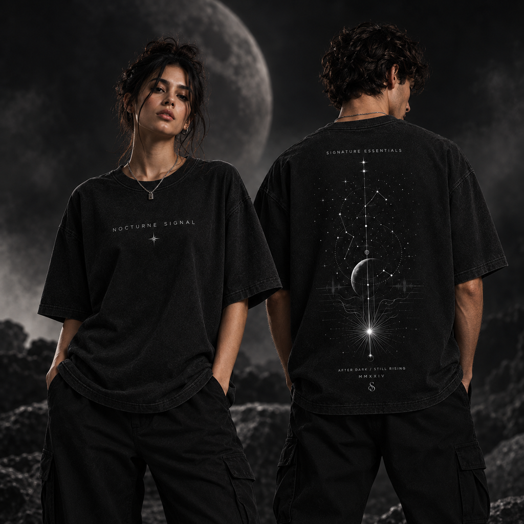 Nocturne Signal front and back shown on models in moonlit editorial scene