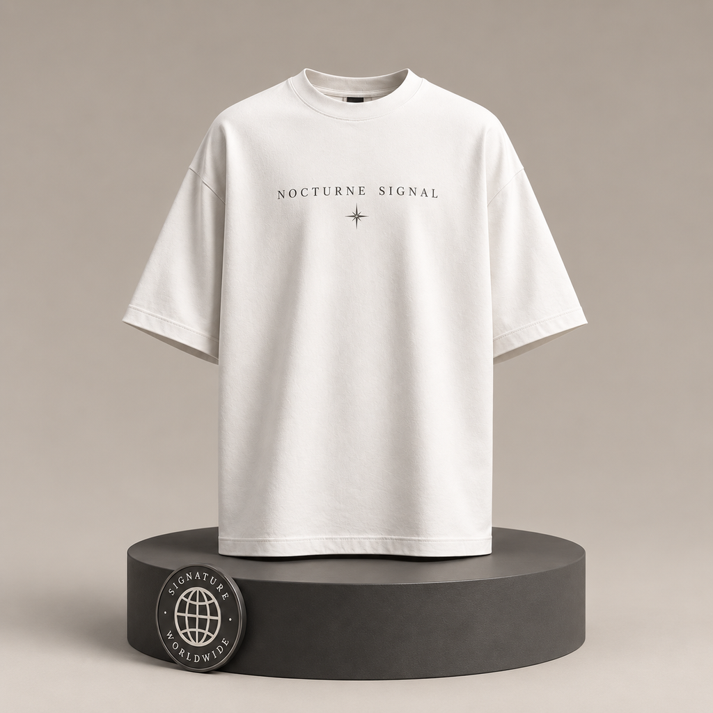 Nocturne Signal white T-shirt front on round Signature Essentials pedestal