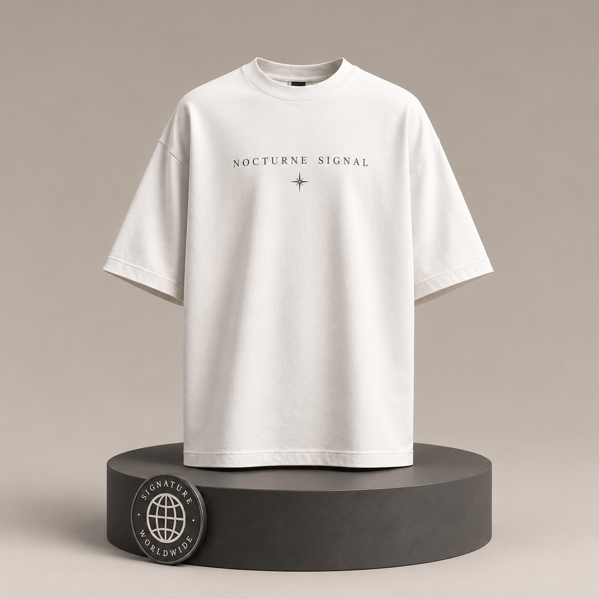 Nocturne Signal white T-shirt front on round Signature Essentials pedestal