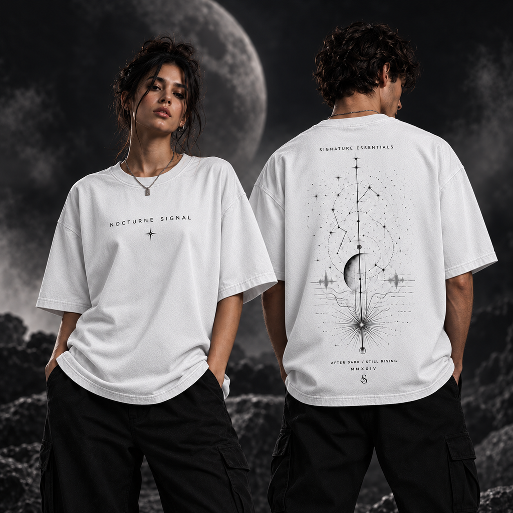 Nocturne Signal white T-shirt on models, front and back