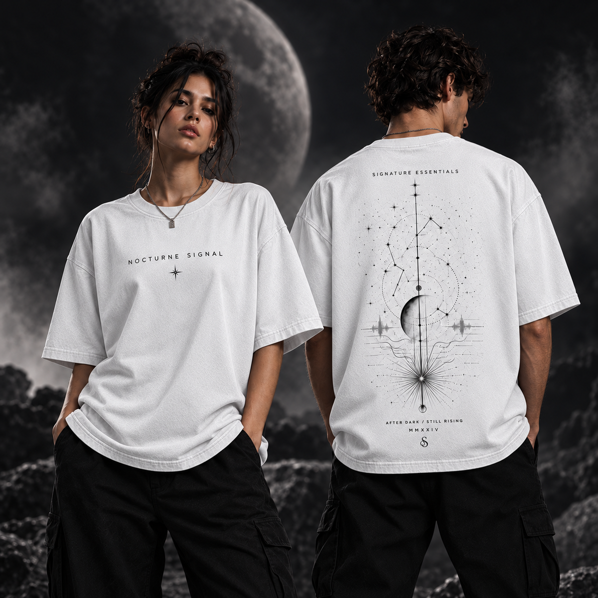 Nocturne Signal white T-shirt on models, front and back
