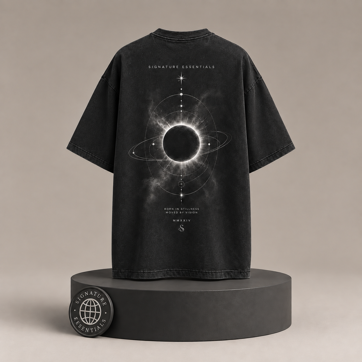 Shadow Orbit back view on round Signature Essentials pedestal with medallion