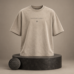 Shadow Orbit beige T-shirt front on round Signature Essentials pedestal