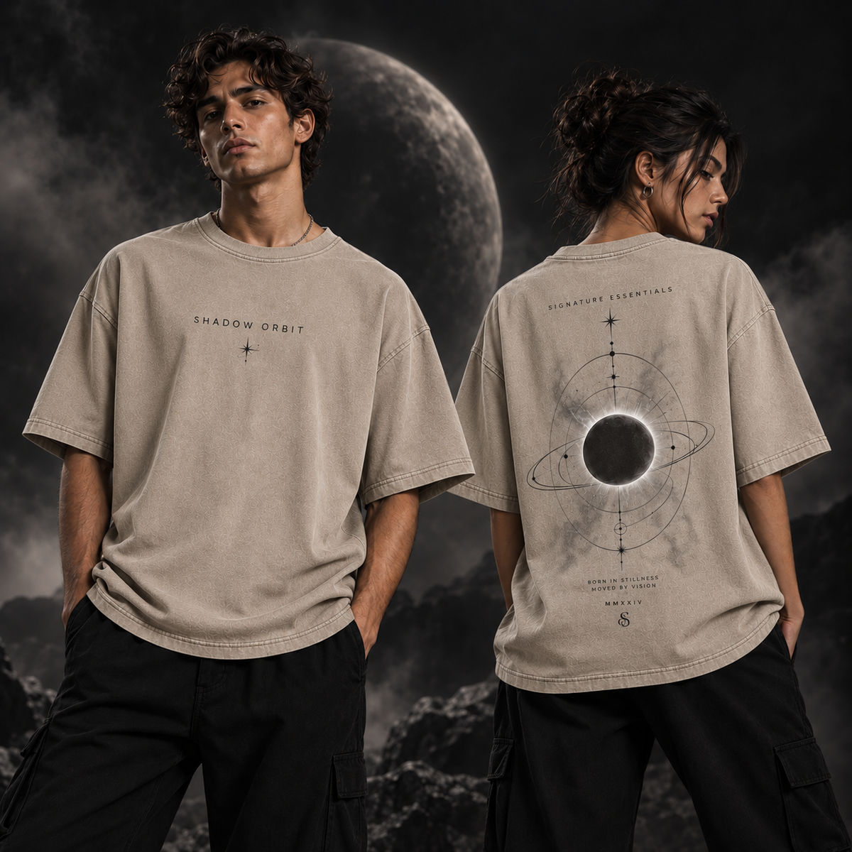 Shadow Orbit beige T-shirt on models, front and back