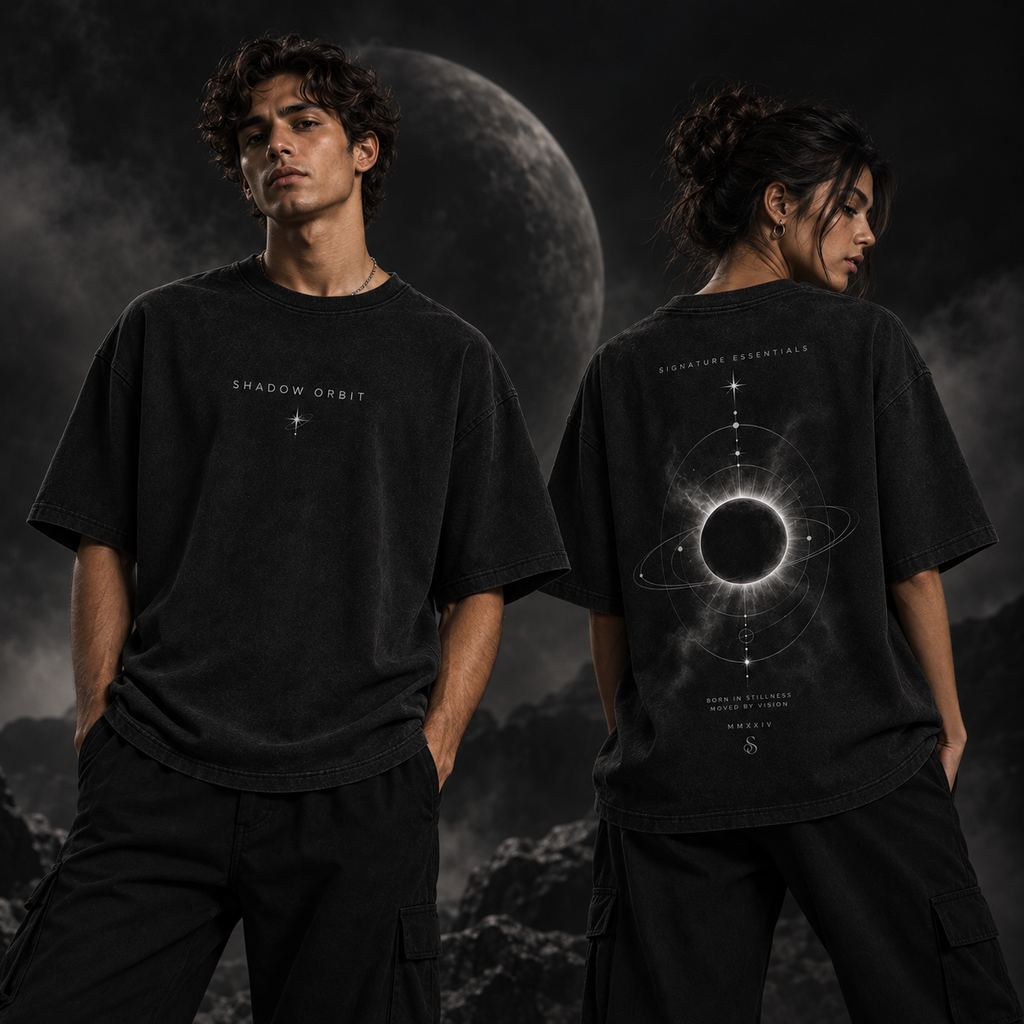 Shadow Orbit front and back shown on models in moonlit editorial scene