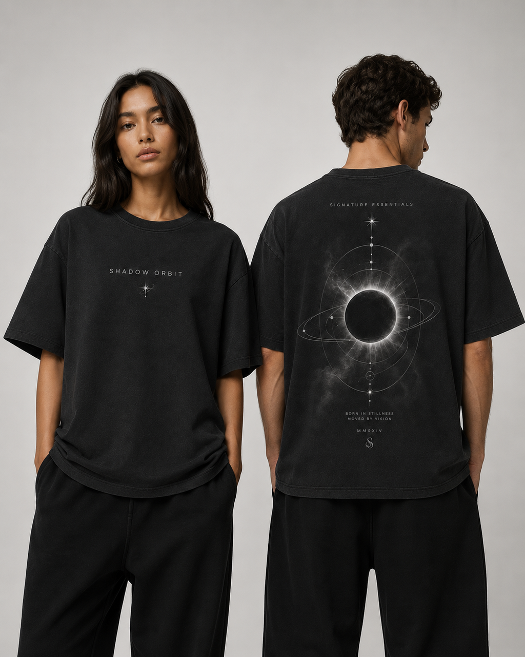 Shadow Orbit Signature Essentials oversized black T-shirt on models