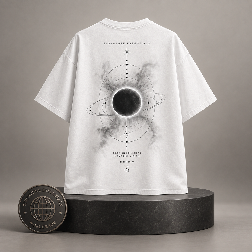 Shadow Orbit white T-shirt back on round Signature Essentials pedestal