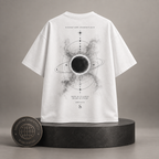 Shadow Orbit white T-shirt back on round Signature Essentials pedestal