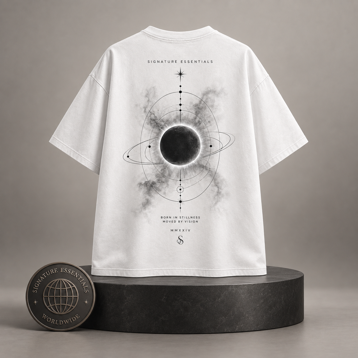Shadow Orbit white T-shirt back on round Signature Essentials pedestal