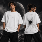 Shadow Orbit white T-shirt on models, front and back